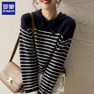 羅蒙（ROMON）條紋針織連帽衛衣女秋冬2025新款女裝寬松毛衣長(cháng)袖百搭帶帽上衣 LM646#藏青 M 建議100-115斤