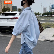 邦伊芙設(shè)計感后背鏤空短袖夏季寬松顯瘦韓版港風(fēng)小眾別致休閑上衣襯衫女 藍色 L111-125