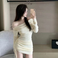 里農(nóng)一字肩連衣裙女2024春季新款辣妹純欲抽繩褶皺收腰包臀裙女短裙 杏色【高品質(zhì)】 S