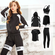 柯帛新款秋冬季跑步運動(dòng)套裝女長(cháng)袖外套健身房短褲瑜伽服大碼寬松服 黑白帽衫五件套 M（90-105斤）