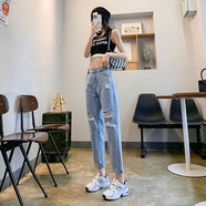 Avmko破洞牛仔褲女休閑老爹褲2023新款薄款高腰顯瘦寬松乞丐破洞九分褲 淺藍色九分 S_建議90-105斤