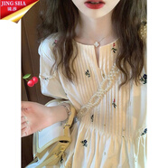 鏡莎夏天的女生裙子夏季少女刺繡碎花風(fēng)琴褶連衣裙女學(xué)生小個(gè)子溫柔木耳邊泡泡袖寬松初戀娃娃裙 甜杏米 L