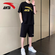 安踏（ANTA）運(yùn)動(dòng)套裝男短袖t恤短褲兩件套2025夏季款休閑服速干褲跑步健身服 -2基礎(chǔ)黑/金標(biāo)【套裝】 L/175