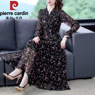 皮爾卡丹（pierre cardin）長袖雪紡連衣裙女2025年春秋新款碎花連衣裙女大碼減齡女裝 長袖 XL 【建議110-120斤】