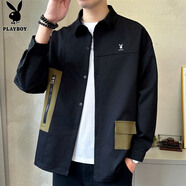 花花公子（PLAYBOY）長袖襯衫男士外套男裝春秋季上衣服潮牌休閑工裝襯衣 黑色 L