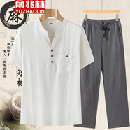 俞兆林（YUZHAOLIN）中老年短袖T恤男亞麻套裝寬松休閑爸爸裝夏季男士棉麻爺爺衣服 白色 M/170(100-120斤)穿