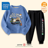 真維斯（Jeanswest）兒童套裝秋冬新款中大童加絨保暖長褲男女童圓領(lǐng)衛(wèi)衣加厚兩件套潮 【加絨套裝】藍(lán)黑色（動物航員） 130