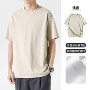 布衣傳說 科技冷感冰絲棉 夏季短袖t恤男士半袖打底衫純色上衣服 淺杏/冰絲棉 M