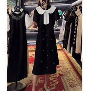 谷憶 GIURYEOR翻領(lǐng)品牌連衣裙法式撞色娃娃領(lǐng)短袖2024新款夏季赫本風(fēng)鑲鉆高腰顯 黑色 L 建議115-130斤