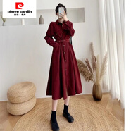皮爾卡丹（pierre cardin）法式收腰燈芯絨連衣裙女秋冬韓版中長(cháng)款單排扣長(cháng)袖打底過(guò)膝襯衫裙 復古紅 L