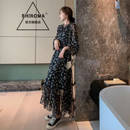 SHIROMA眾秋裝年新款連衣裙碎花雪紡甜美仙女超仙森系長(zhǎng)袖長(zhǎng)裙黑色裙子 黑色 M