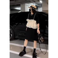 LPDV直筒裙連衣裙寬松版韓版Chic拼接雷絲花邊女夏2024純欲風(fēng)ov 黑色蕾絲花邊連衣裙 S