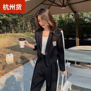 junfangya感小西裝套裝女春秋2024年新款韓版休閑西服外套闊腿褲兩件套 黑色 S 80-100斤