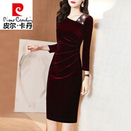 皮爾卡丹晚禮服金絲絨連衣裙女秋冬新款高貴洋氣時(shí)尚長(cháng)裙加絨加厚包臀裙子 酒紅色【不加絨】 XL 建議100-120斤