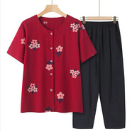 中老年人媽媽短袖夏裝開衫上衣女寬松套裝棉綢奶奶衣服套裝人造棉 酒紅色（套裝） 3XL （建議105-120斤）