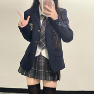 拉曼咔原創(chuàng)jk制服裙正版西裝外套秋冬季新款學(xué)院風(fēng)鉗色西服套裝三件套女 煙灰裙+長款鉗色西裝+襯衫 送絲襪 S 【推薦70~90斤】