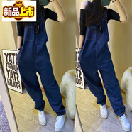 初徑2025韓國牛仔背帶褲女春秋新款寬松韓版休閑連體褲高腰直筒闊腿褲 藍色 S 建議90-105斤左右