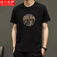 詩蘭倫薩 純棉夏季短袖t恤男寬松大碼半袖打底衫T恤潮流體恤半截袖男 【TX1件】金字母黑 M 建議100-120斤