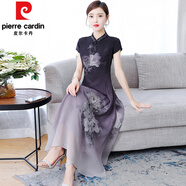 皮爾卡丹（pierre cardin）改良版旗袍短袖雪紡連衣裙中國風(fēng)女裝高端氣質(zhì)長(cháng)款裙子春夏季新款 紫色 M