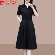 皮爾卡丹（pierre cardin）裙子2025新款春夏女裝中青年MM氣質(zhì)減齡顯瘦有口袋純色襯衫連衣裙 黑色 M (100)