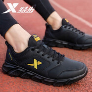 特步男鞋防水皮面跑步鞋秋冬季男士緩震輕便運動(dòng)鞋休閑鞋子戶(hù)外黑色鞋 黑金-皮面款 45