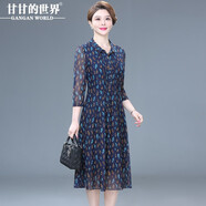 甘甘的世界2026秋裝新款過(guò)膝連衣裙甘夫人中年時(shí)尚女裝 黃藍花 5XL 適合155-170斤