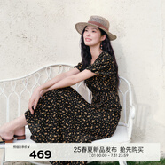 伊芙麗（eifini）伊芙麗花邊嵌邊裝飾A擺肌理底布碎花連衣裙女2025春季新款裙子 黑色 預(yù)售 M 105-115斤
