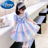 迪士尼（Disney）女童連衣裙夏季新款2024女孩洋氣愛莎公主裙冰雪奇緣蓬蓬紗禮服裙 藍(lán)色 110:建議身高92-102厘米