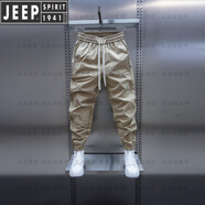 吉普（JEEP）高檔夏季薄款休閑褲潮流新款純色拼條速干束腳褲松緊腰修身小腳褲 卡其色 33 建議150-160斤