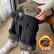 勛貍粑超厚加絨加厚薄款牛仔闊腿女秋冬特厚ins休閑寬松直筒褲女 加厚 深灰【羊羔絨】 XL 建議110-125斤