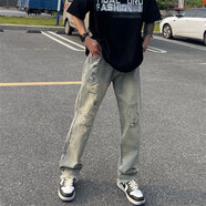 衣然呈品 美式黃泥染破洞水洗牛仔褲男潮牌寬松直筒高街vibe春夏季褲子男 黃泥染 XL【建議120-135斤】