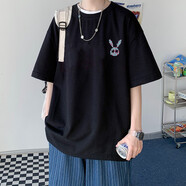 大魚(yú)界線純色t恤男潮牌潮流百搭ins寬松半袖男夏季新款青少年衣服男生短袖 小兔子-黑色 XL(135-145斤）