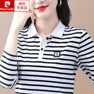 皮爾卡丹（pierre cardin）條紋長袖t恤女純棉翻領2025新款夏裝有領上衣帶領打底衫針織 黑白長袖P22C47 L