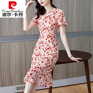 皮爾卡丹品牌輕奢高檔女裝 圓領(lǐng)碎花雪紡連衣裙女夏季2022年新款氣質(zhì)名媛收腰顯瘦包臀魚(yú)尾裙針織 粉紅色 L