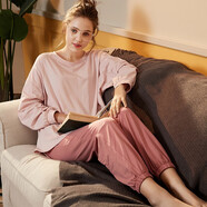 安之伴睡衣女純棉春秋季素色可外穿女士套頭長(cháng)袖睡衣寬松家居服套裝薄款 豆沙-女 M