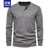 羅蒙（ROMON）品牌新款重磅T恤亨利衫男裝開(kāi)領(lǐng)長(zhǎng)袖阿美咔嘰美式棉質(zhì)修身上衣服 深灰色 L 145-160斤