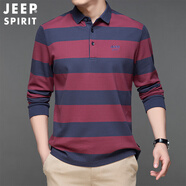 JEEP SPIRIT吉普 polo衫男條紋長(cháng)袖春秋T恤休閑翻領(lǐng)男裝 RYL28170 棗紅 L 