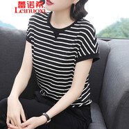 蕾諾希 條紋短袖T恤女夏棉中年女士百搭遮肚體恤衫2022夏裝新款韓版上衣8360 黑白條紋 L（建議105-115斤）