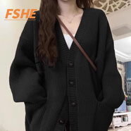 FSHE紅色中長(zhǎng)款毛衣外套女秋冬外搭日系慵懶風(fēng)穿搭軟糯針織開衫女 黑色開衫[單件] XL