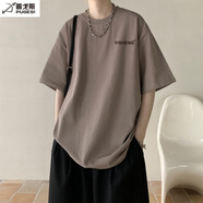 普戈斯（PUGESI）酒紅色320克重磅t恤男夏季廓形三本針落肩純棉短袖小領(lǐng)口情侶半袖 駝色 S