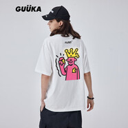 古由卡（GUUKA）Agaho聯(lián)名白色T恤男短袖夏季純棉情侶嘻哈落肩半袖體恤寬松 白色 S