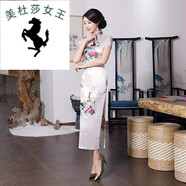 溥畔*2025夏長(cháng)款復古改良走秀中式旗袍修身顯瘦開(kāi)衩長(cháng)款連衣裙 短袖孔雀花 白色 M 95-102斤