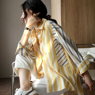 CIQHUNK森女系女襯衣質(zhì)感新款春夏秋薄款長(cháng)袖條紋襯衫百搭顯瘦休閑寬 蜜蠟黃 S