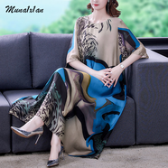 慕奈纖高端品牌女裝新款真絲連衣裙女桑蠶絲減齡長(cháng)裙百搭闊太太遮肚顯瘦 藍色 L 建議100-120斤