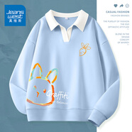 真維斯（JEANSWEST）衛衣女外套春秋冬季新款polo領(lǐng)撞色寬松上衣服女生長(cháng)袖設計感女裝 天藍 兔子涂鴉_KZ S 【推薦體重80-100斤】