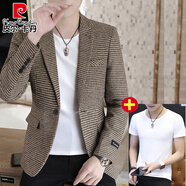 皮爾卡丹（pierre cardin）男士西服休閑格子單上衣外套春秋季青年韓版修身千鳥(niǎo)格帥氣小西裝 卡其色206西服+白色短袖=共2件 4XL