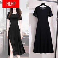 HLHP【撿漏特價(jià)】側開(kāi)叉顯瘦顯高連衣裙女夏莫代爾性感裙子小個(gè)子輕熟風(fēng)赫本小黑裙 黑色絲羅馬棉 冰涼透氣柔軟舒適 2XL 130-140斤