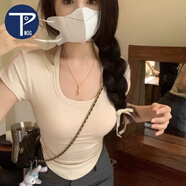PMOG半截細(xì)吊帶短袖t恤女夏內(nèi)搭外穿性感短款美背打底上衣體恤潮 杏色 S