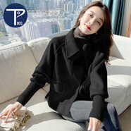 PMOG2023年秋冬新款毛呢小個子外套女蝙蝠針織袖牛角扣女短款大衣冬 黑色(優(yōu)質(zhì)款)  加絨 XL 建議115-125斤