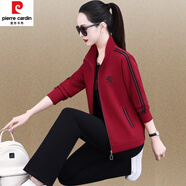 皮爾卡丹（pierre cardin）高端條紋運(yùn)動(dòng)套裝女春秋媽l媽外套減齡寬松跑步服休閑三件套 9001酒紅(三件套)高品質(zhì) M【適合80-99斤】